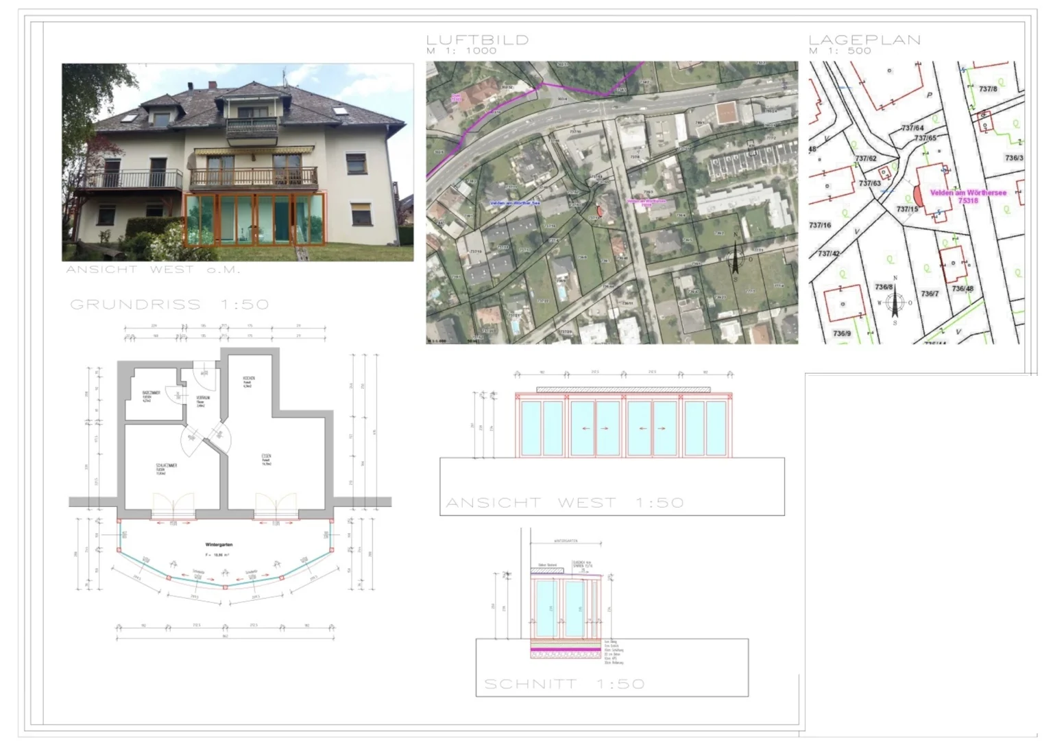 Grundriss, Ansichten und Lageplan